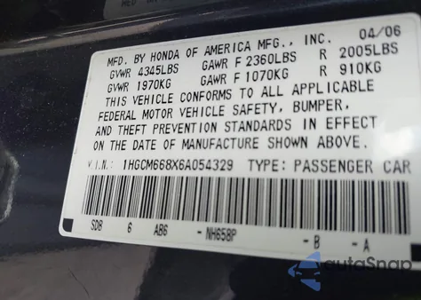 2006 Honda Accord 3.0 Ex из США, поврежденный, VIN 1HGCM668X6A054329